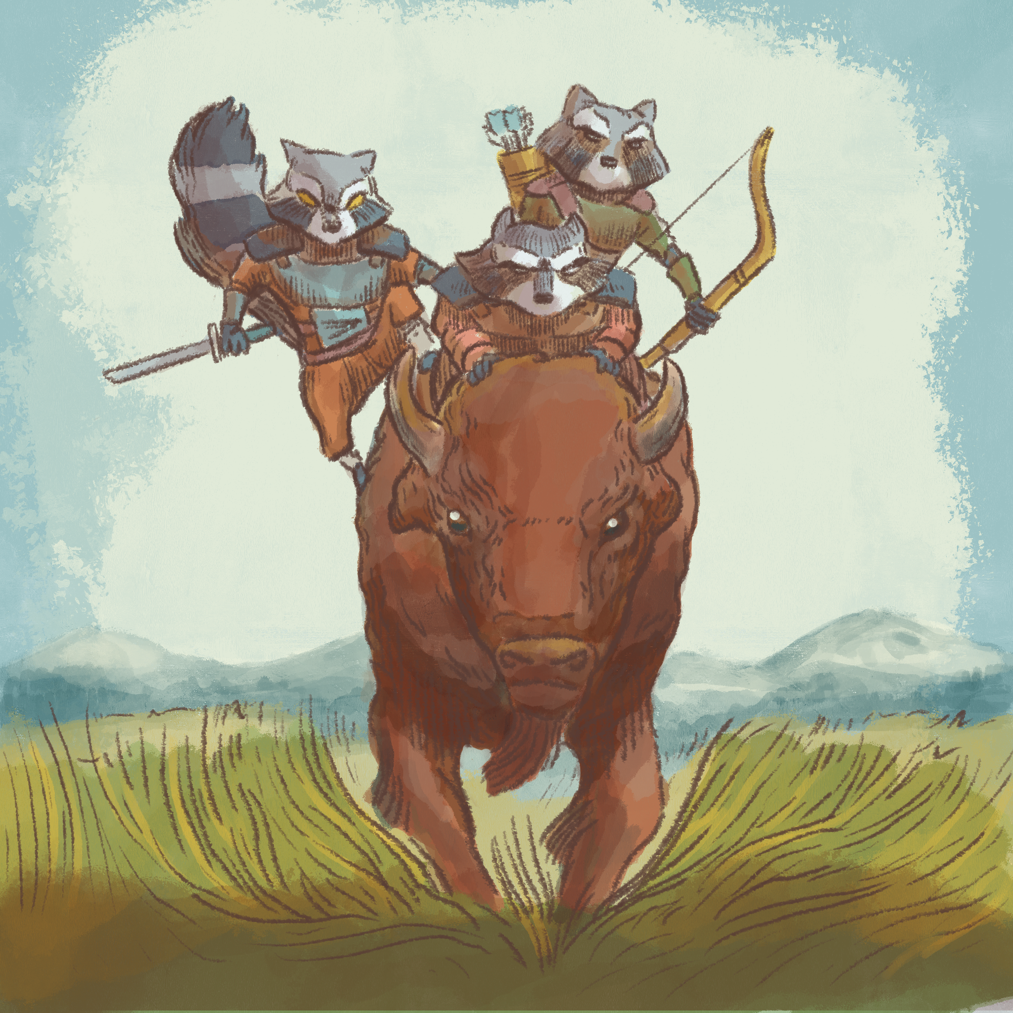Three warriors brandishing weapons charge toward you astride a massive buffalo.
